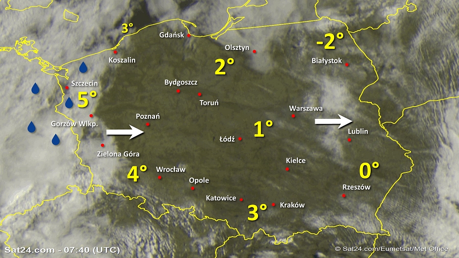 Zdjęcie satelitarne Polski w dniu 27 marca 2019 o godzinie 8:40. Dane: Sat24.com / Eumetsat.