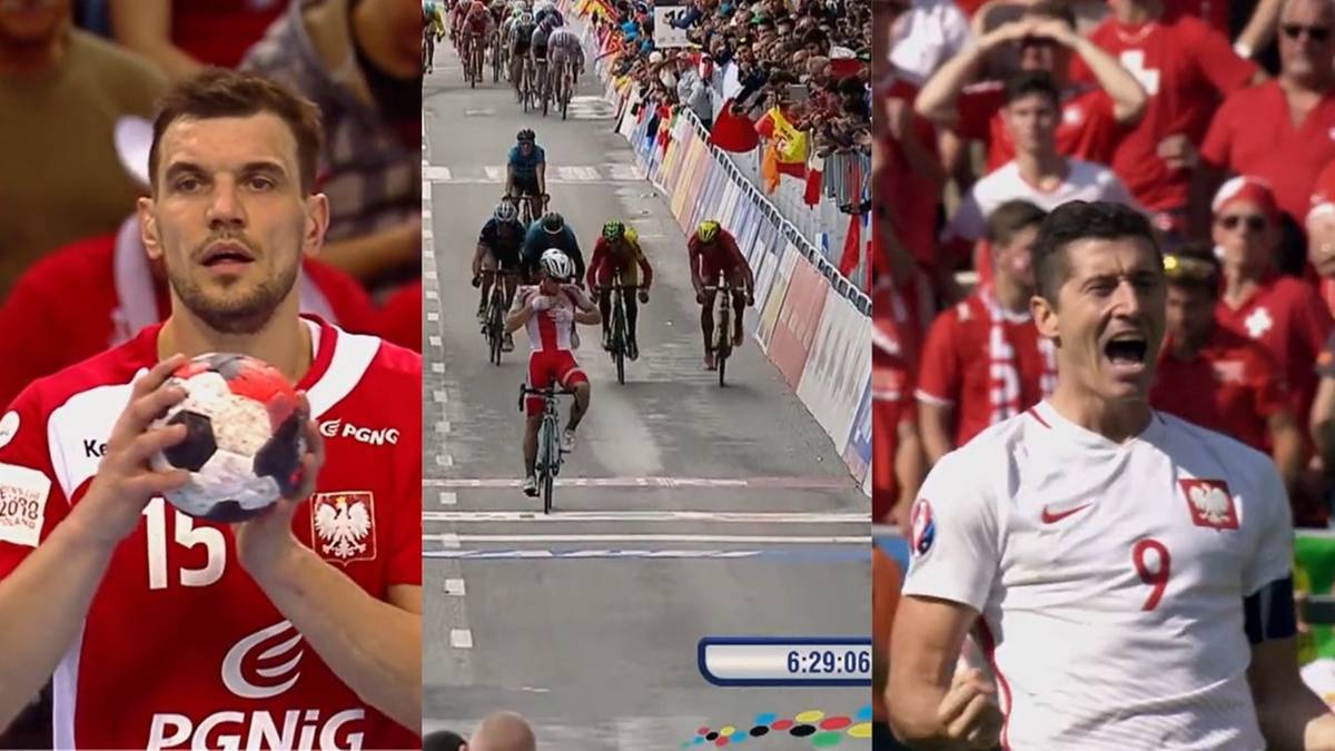 Trzy kolaże zdjęć sportowych: szczypiornista w biało-czerwonym stroju trzymający piłkę, peleton kolarzy na trasie wyścigu, piłkarz w biało-czerwonym stroju z uniesionymi rękami.