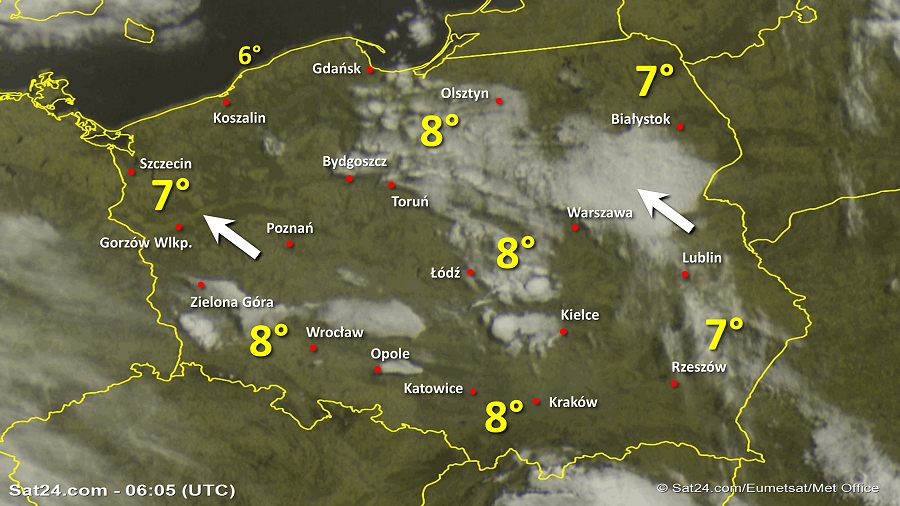 Zdjęcie satelitarne Polski w dniu 8 maja 2019 o godzinie 8:05. Dane: Sat24.com / Eumetsat.