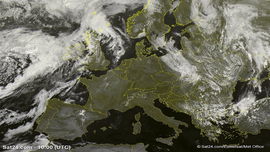 Zdjęcie satelitarne Europy w dniu 24 lipca 2019 o godzinie 12:00. Dane: Sat24.com / Eumetsat.