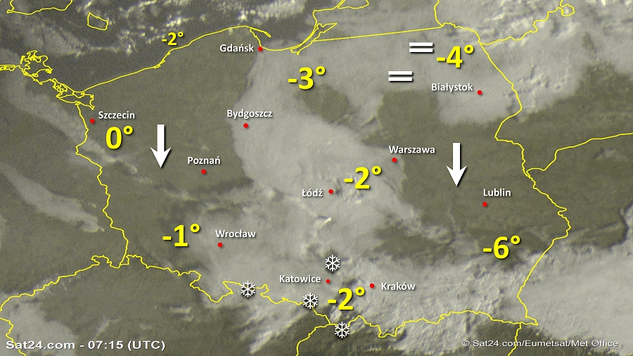 Zdjęcie satelitarne Polski w dniu 28 listopada 2018 o godzinie 8:15. Dane: Sat24.com / Eumetsat.