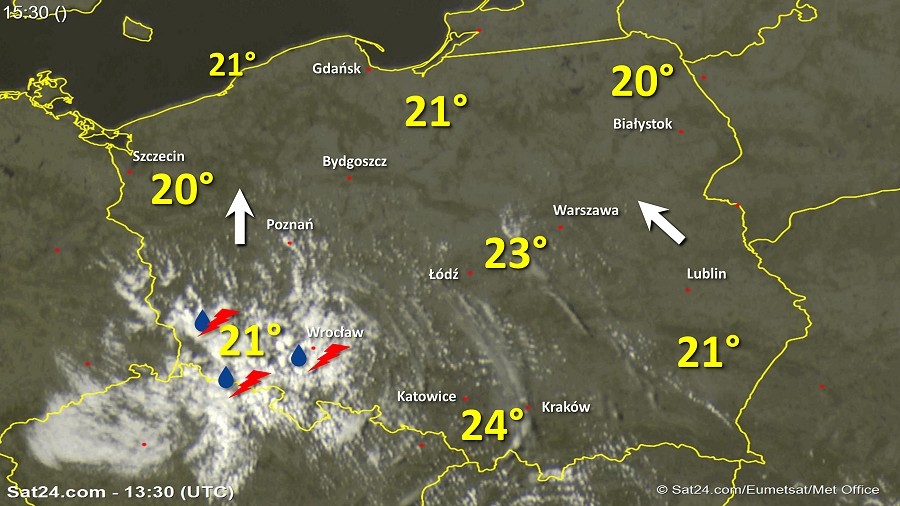 Zdjęcie satelitarne w dniu 8 kwietnia 2018 o godzinie 15:30. Dane: Sat24.com / Eumetsat.