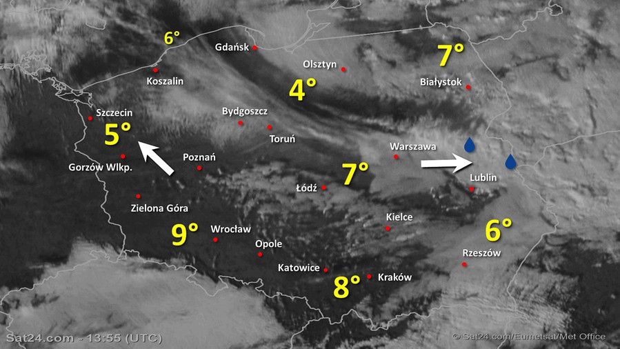 Zdjęcie satelitarne Polski w dniu 11 listopada 2019 o godzinie 14:55. Dane: Sat24.com / Eumetsat.