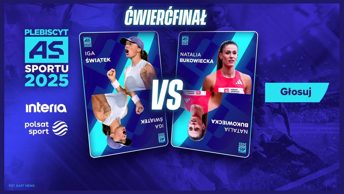 Grafika przedstawia ćwierćfinał plebiscytu AS Sportu 2025, w którym rywalizują tenisistka Iga Świątek i lekkoatletka Natalia Bukowiecka.