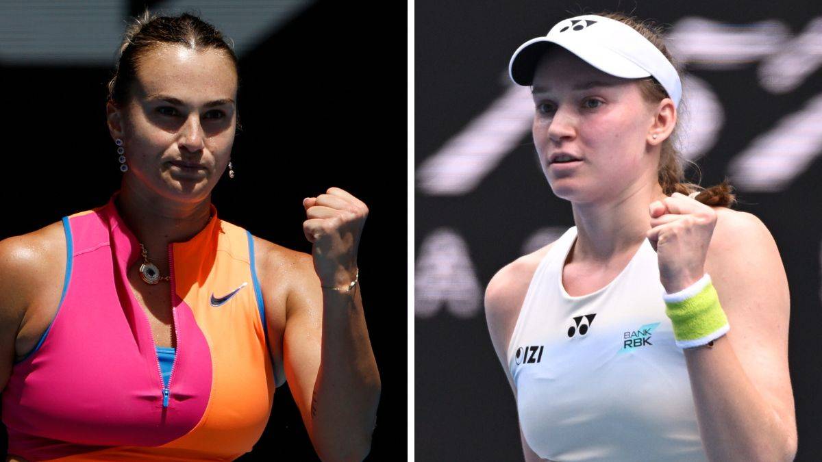 Dwie tenisistki: Aryna Sabalenka (po lewej) i Elina Switolina (po prawej) z zaciśniętymi pięściami.
