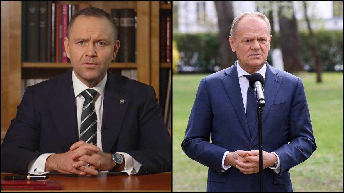 Dwie fotografie polityk&oacute;w. Po lewej siedzący Łukasz Litewka w garniturze przed biurkiem z książkami w tle. Po prawej stojący Donald Tusk w garniturze przed mikrofonem na tle zieleni.