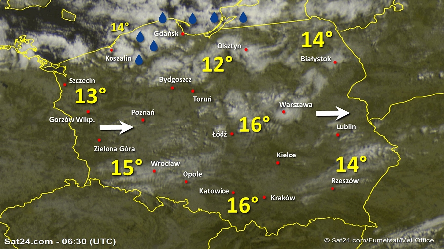 Zdjęcie satelitarne Polski w dniu 4 lipca 2019 o godzinie 8:30. Dane: Sat24.com / Eumetsat.