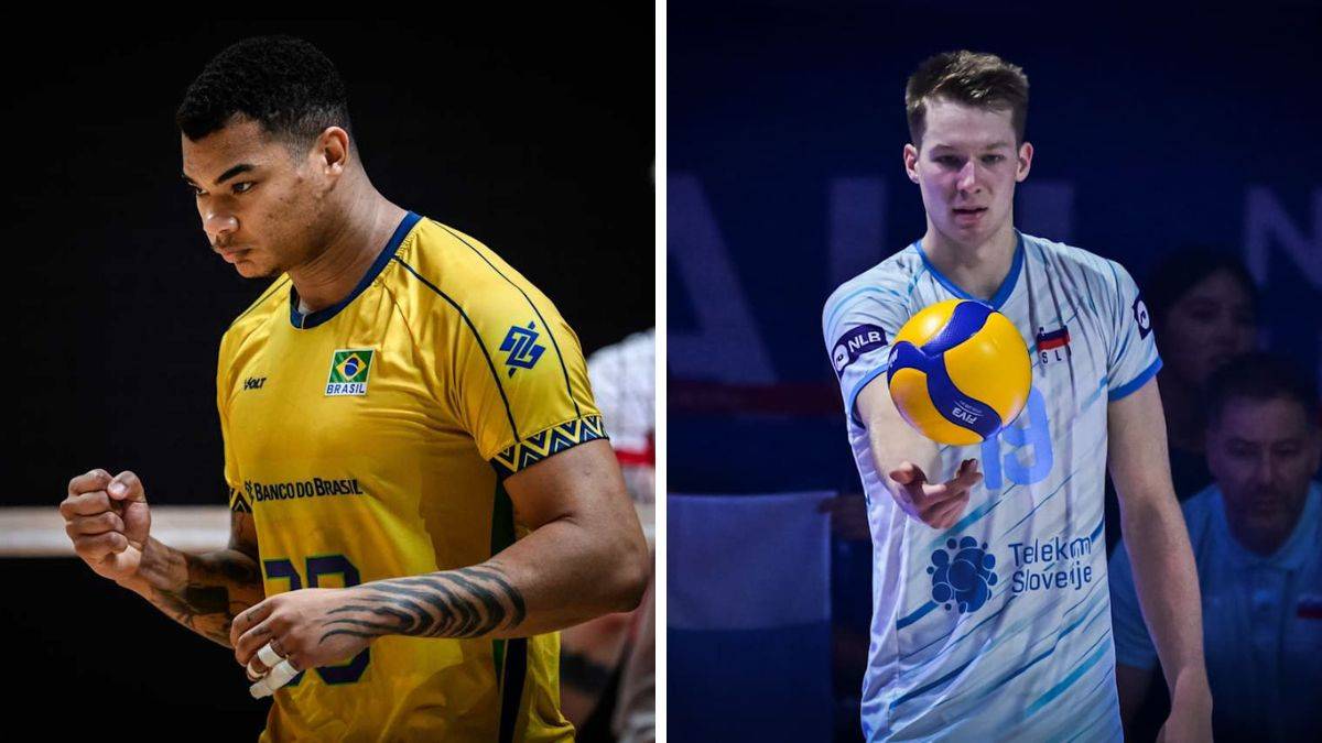 Dwaj siatkarze w trakcie meczu Ligi Narodów: po lewej zawodnik Brazylii w żółtej koszulce, po prawej zawodnik Słowenii w jasnej koszulce, trzymający piłkę.