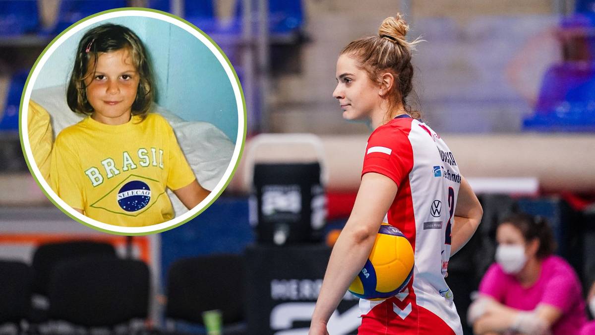 Zdjęcie Julii Nowickiej z dzieciństwa w koszulce Brazylii obok jej obecnego zdjęcia w stroju sportowym.