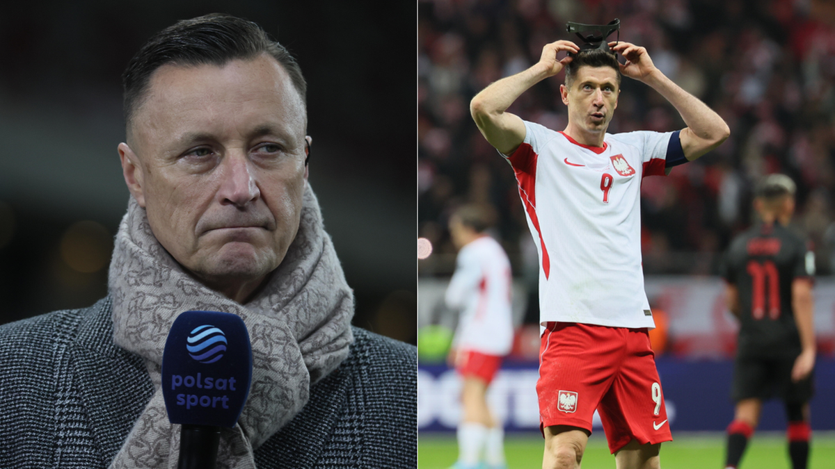 Jacek Hajto z mikrofonem Polsat Sport i Robert Lewandowski w koszulce reprezentacji Polski.
