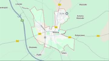 Mapa drogowa okolicy Nidzicy, pokazująca drogi krajowe S4 i S7, miasta i wsie.