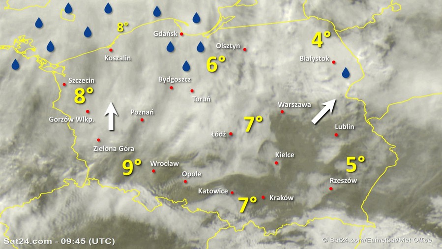 Zdjęcie satelitarne Polski w dniu 8 grudnia 2019 o godzinie 10:50. Dane: Sat24.com / Eumetsat.