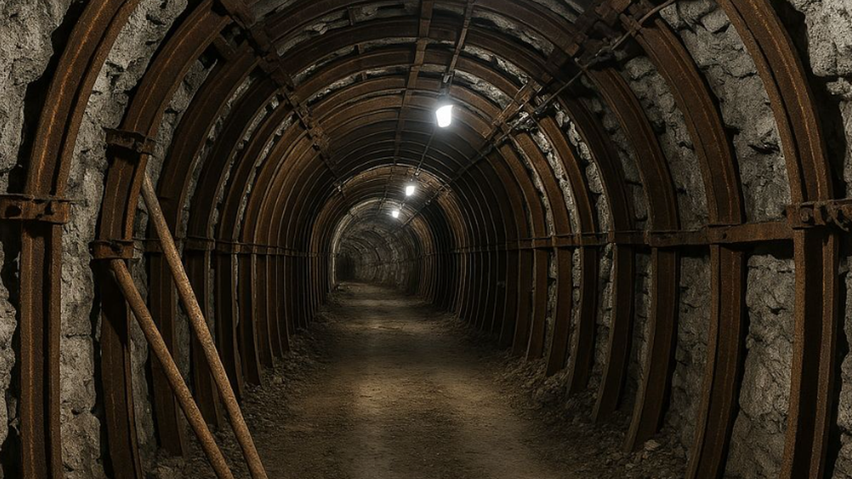Wnętrze tunelu kopalni z oświetleniem i narzędziami.