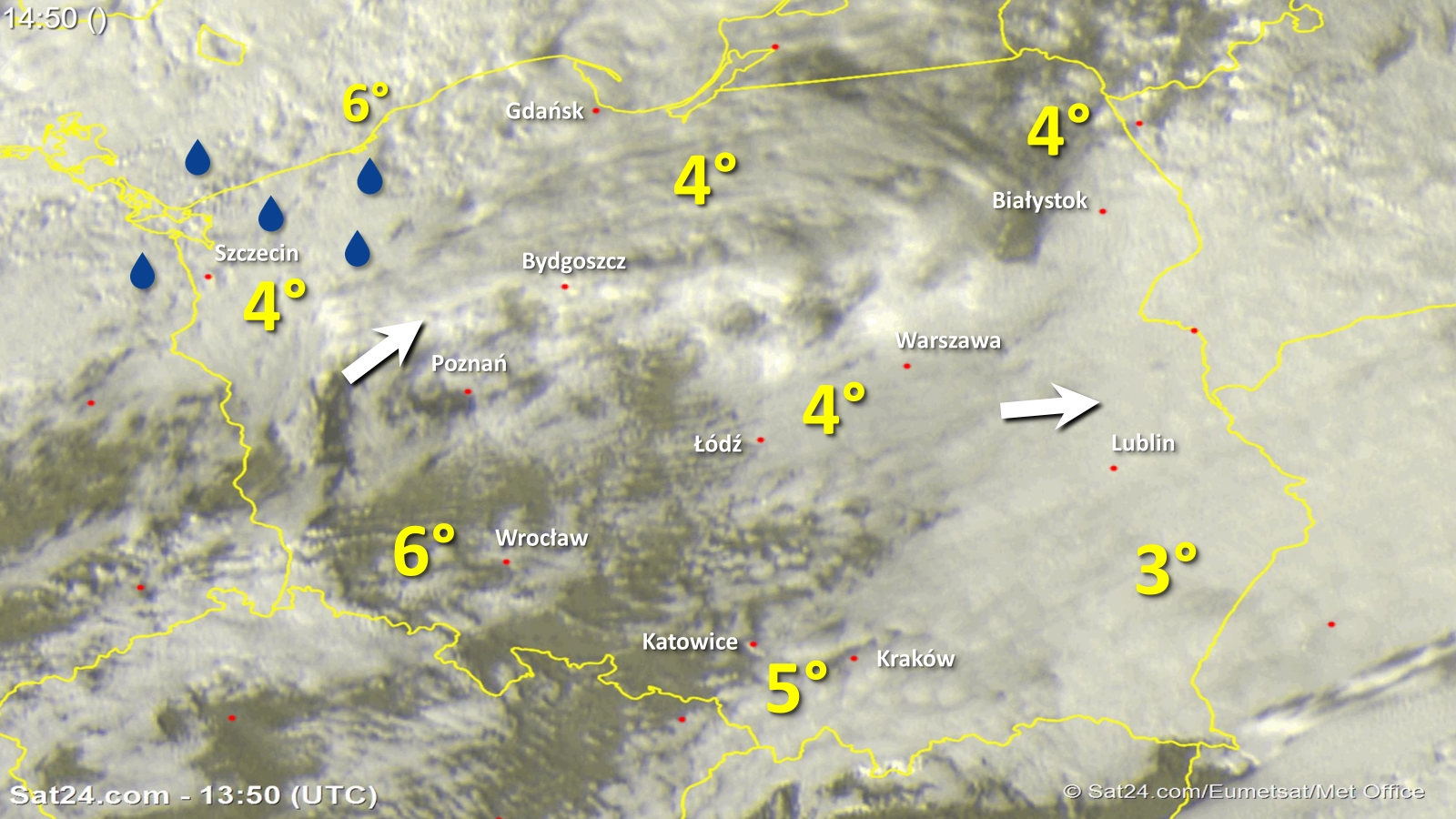 Zdjęcie satelitarne w dniu 14 listopada 2017 o godzinie 14:50. Dane: Sat24.com / Eumetsat.