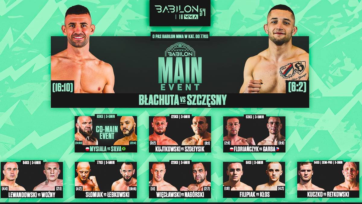 Grafika z logotypem Babilon MMA i zdjęciami dwóch zawodników w górnej części, w dolnej części karty walk z nazwiskami i zdjęciami kolejnych zawodników.