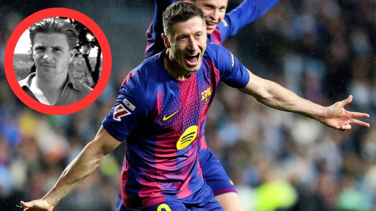 Robert Lewandowski świętuje bramkę w meczu piłki nożnej, obok niego w okręgu widnieje czarno-białe zdjęcie starszego piłkarza.