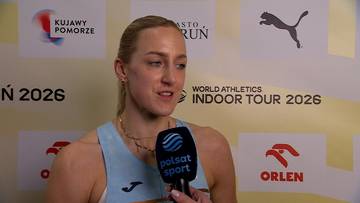 Lekkoatletka Paulina Ligarska udziela wywiadu z mikrofonem Polsat Sport, na tle logotyp&oacute;w sponsor&oacute;w i napisu "WORLD ATHLETICS INDOOR TOUR 2026".