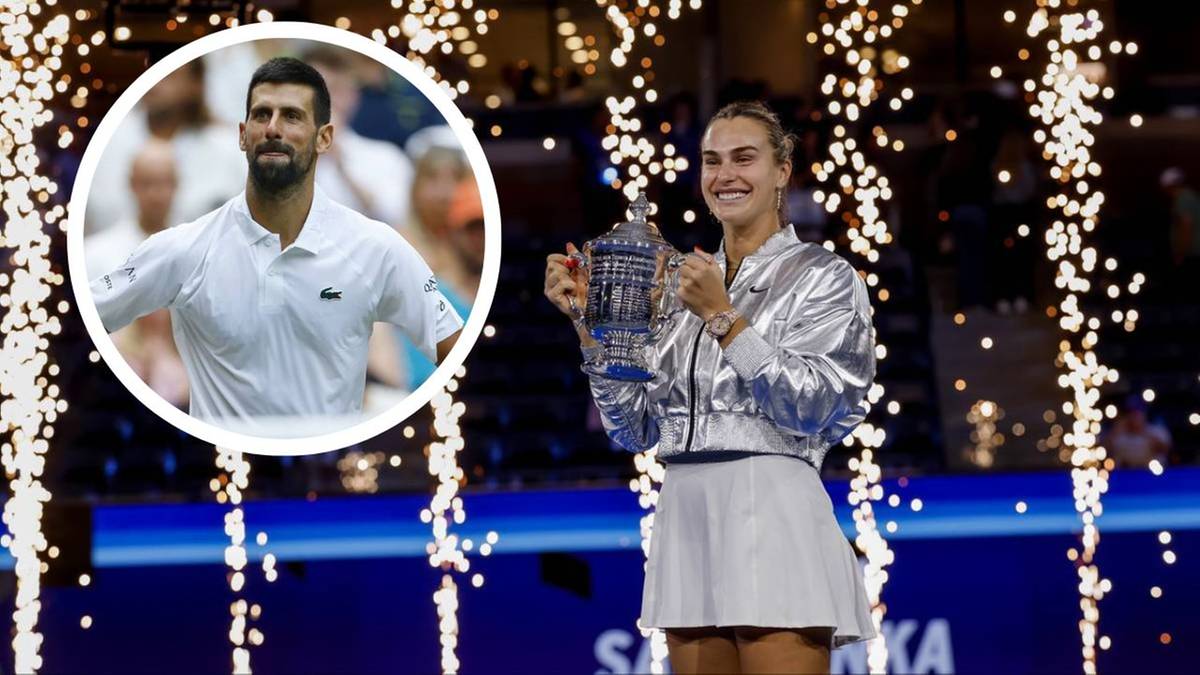 Aryna Sabalenka trzyma puchar, obok niej w okrągłym zdjęciu widnieje Novak Djoković.