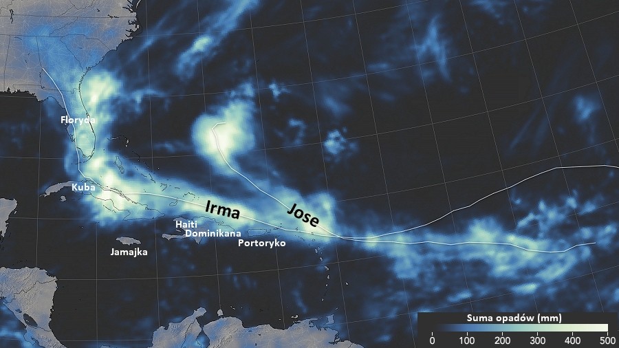 Sumy opadów odnotowane podczas wędrówki Huraganów Irma i Jose. Fot. NASA.