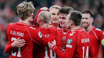 Piłkarze Danii w czerwonych strojach świętujący radośnie mecz