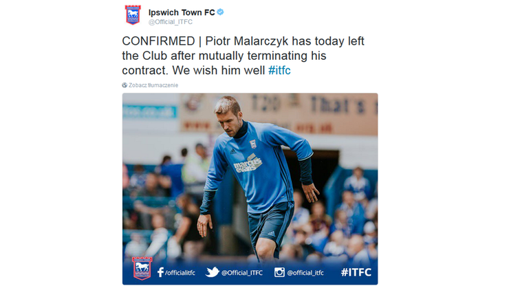 Malarczyk rozwiązał kontrakt z Ipswich Town