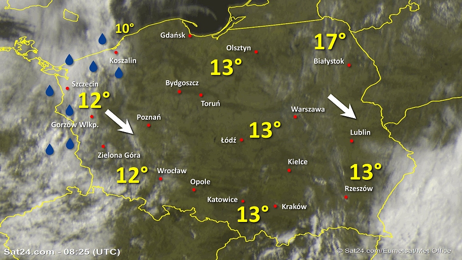 Zdjęcie satelitarne Polski w dniu 1 maja 2019 o godzinie 10:25. Dane: Sat24.com / Eumetsat.