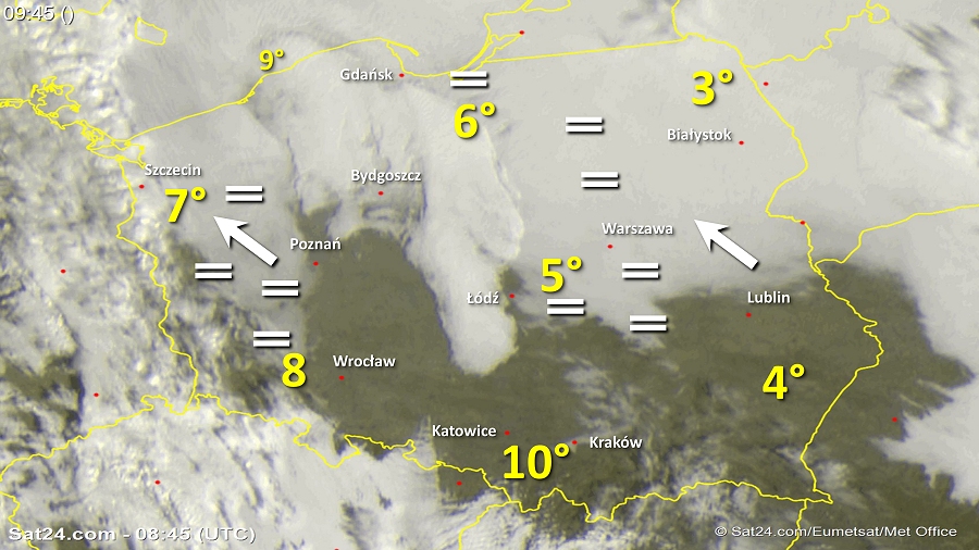 Zdjęcie satelitarne Polski w dniu 11 listopada 2018 o godzinie 9:45. Dane: Sat24.com / Eumetsat.