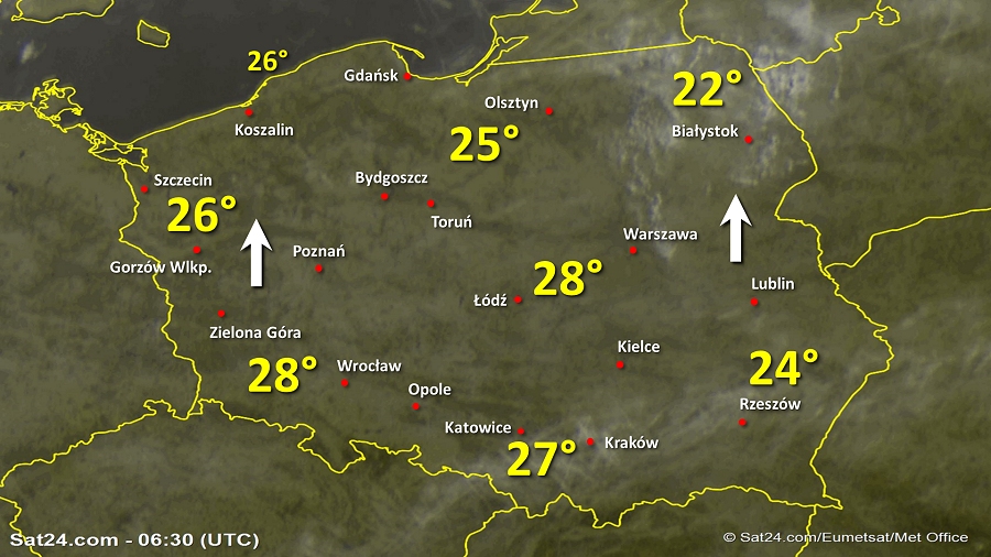 Zdjęcie satelitarne Polski w dniu 26 czerwca 2019 o godzinie 8:30. Dane: Sat24.com / Eumetsat.