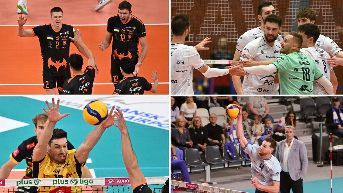 Cztery zdjęcia przedstawiające siatkarzy podczas meczów siatkówki w akcji.