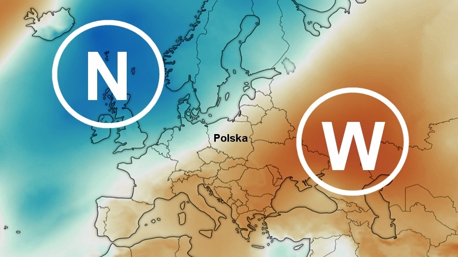 Polska znajduje się między niże znad Atlantyku a wyżem znad Rosji. Fot. Windy.com
