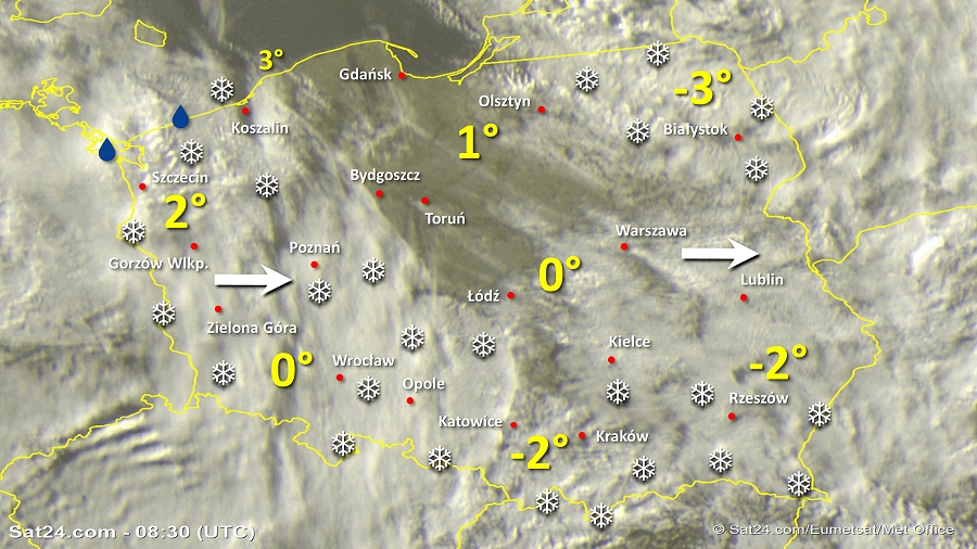 Zdjęcie satelitarne Polski w dniu 15 stycznia 2019 o godzinie 9:30. Dane: Sat24.com / Eumetsat.