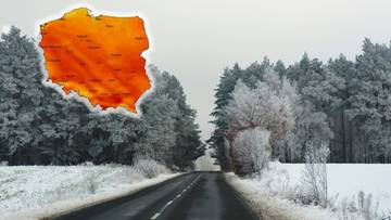 Mapa Polski z zaznaczonymi obszarami ocieplenia na tle zimowego krajobrazu z drzewami pokrytymi śniegiem.