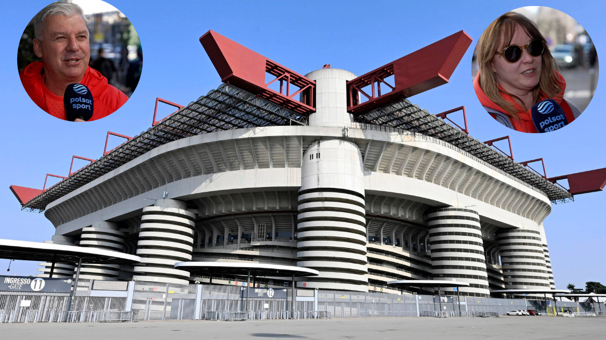 Zdjęcie przedstawia duży stadion z dwoma mniejszymi zdjęciami os&oacute;b w g&oacute;rnej części. Jedno zdjęcie ukazuje mężczyznę w okularach przeciwsłonecznych, drugie kobietę w okularach.