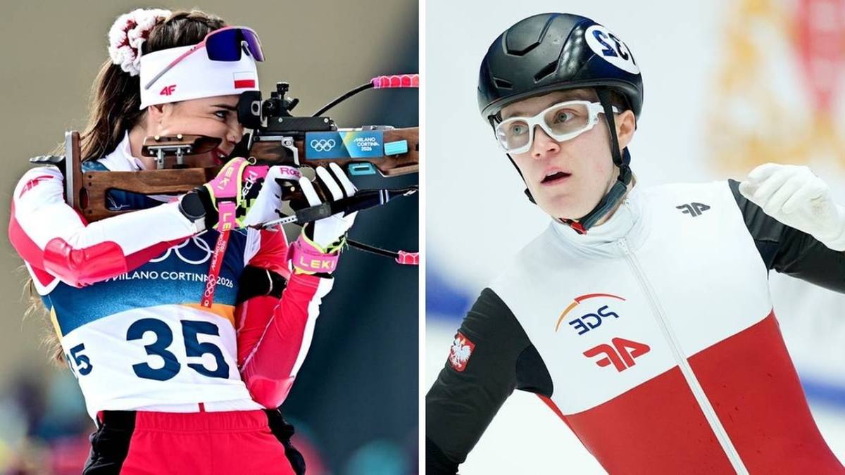 Biathlonistka celująca z karabinu i panczenista w akcji.