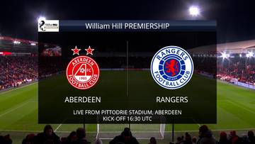 Ekran informacyjny na stadionie z logotypami drużyn Aberdeen FC i Rangers FC, informacją o meczu "William Hill PREMIERSHIP" oraz datą i godziną rozpoczęcia.