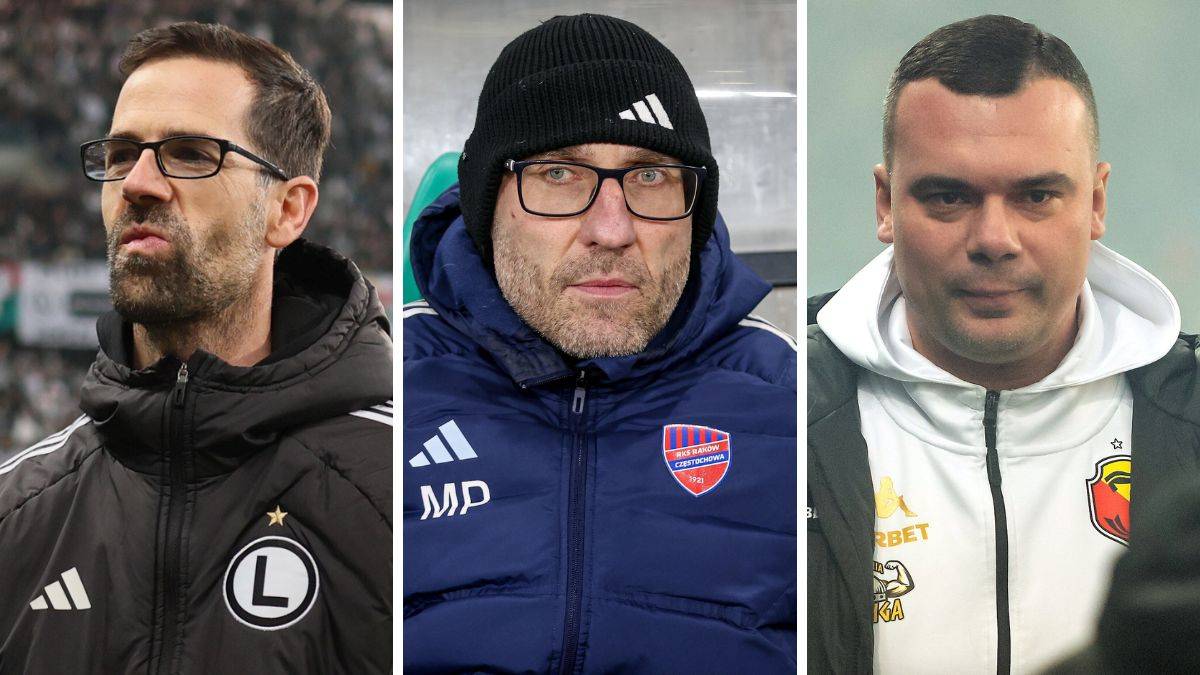 Trzech mężczyzn w strojach sportowych, prawdopodobnie trenerów piłkarskich, widocznych na trzech oddzielnych zdjęciach zestawionych obok siebie.