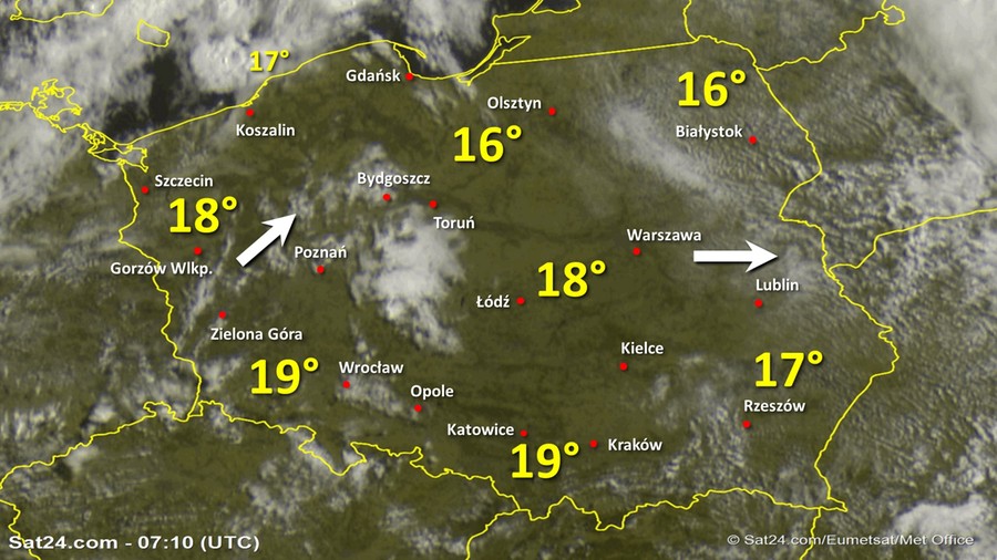 Zdjęcie satelitarne Polski w dniu 30 czerwca 2020 o godzinie 9:10. Dane: Sat24.com / Eumetsat.