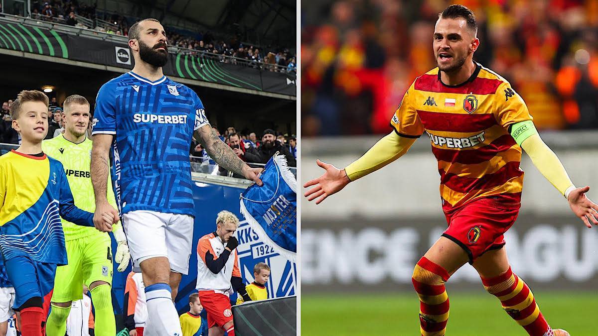 Dwóch piłkarzy w akcji podczas meczu piłkarskiego, jeden w niebieskiej koszulce z dziećmi, drugi w czerwono-żółtej koszulce