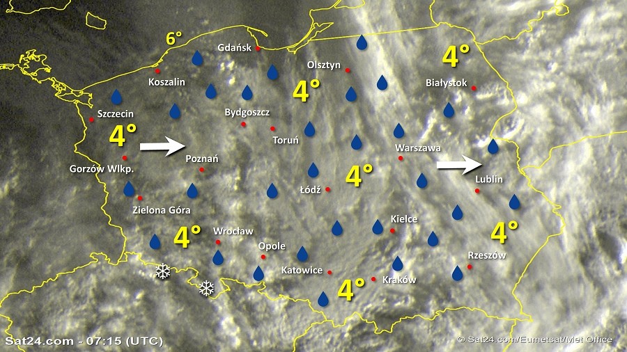 Zdjęcie satelitarne Polski w dniu 10 grudnia 2018 o godzinie 8:20. Dane: Sat24.com / Eumetsat.
