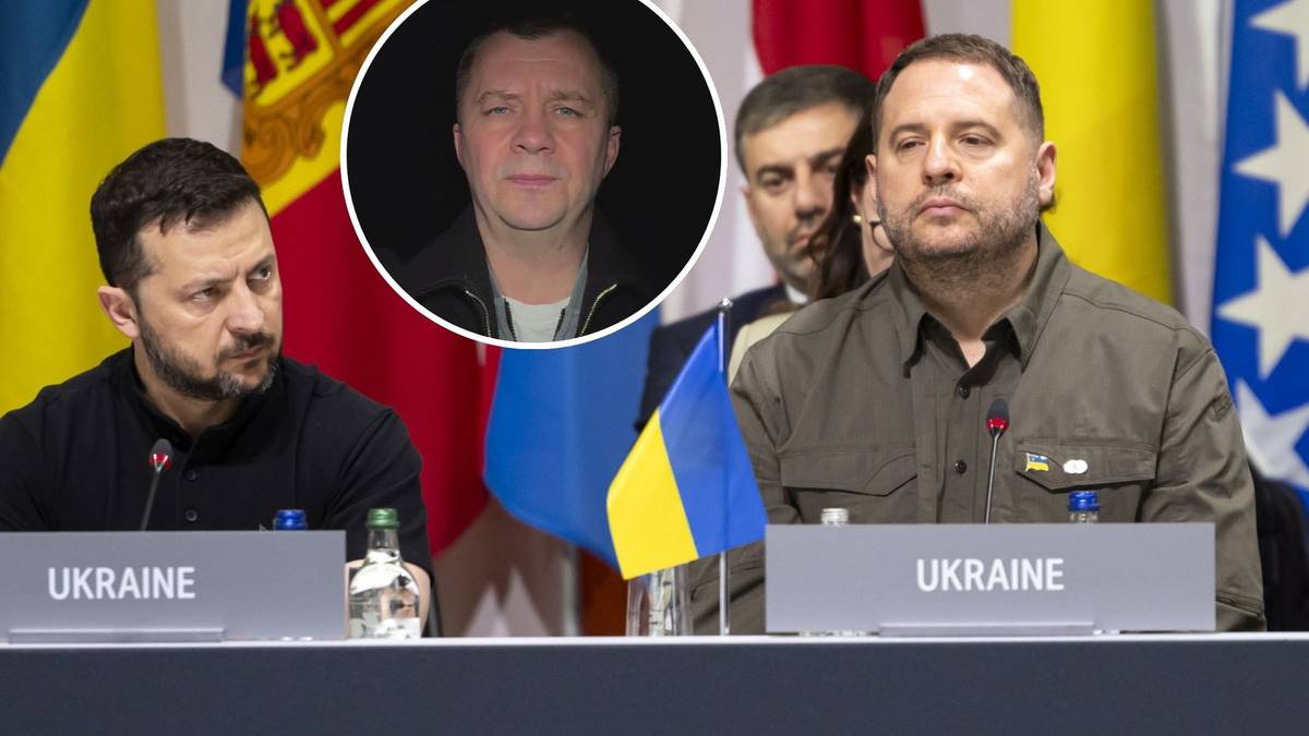 Prezydent Ukrainy Wołodymyr Zełenski siedzi przy stole obok flag Ukrainy, obok niego Andrij Jermak, w okrągłym polu widoczne zdjęcie Tymofija Myłowanowa.