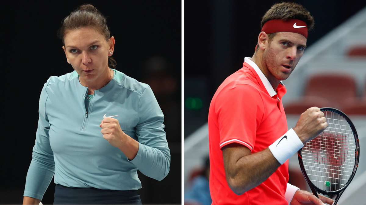 Zdjęcie przedstawia dwie postacie: po lewej stronie Simona Halep w niebieskiej koszulce z zaciśniętą pięścią, po prawej Juan Martin del Potro w czerwonej koszulce z opaską na głowie, r&oacute;wnież z zaciśniętą pięścią.