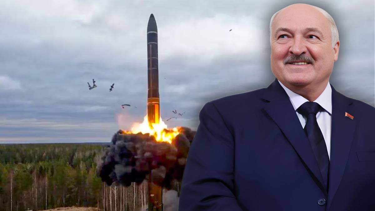 Zdjęcie przedstawia Alaksandra Łukaszenkę obok wyrzutni rakiety Oresznik podczas startu.
