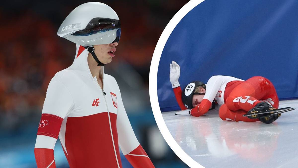 Dw&oacute;ch zawodnik&oacute;w short tracku, jeden na pierwszym planie w kasku, drugi na drugim planie leżący na lodzie.