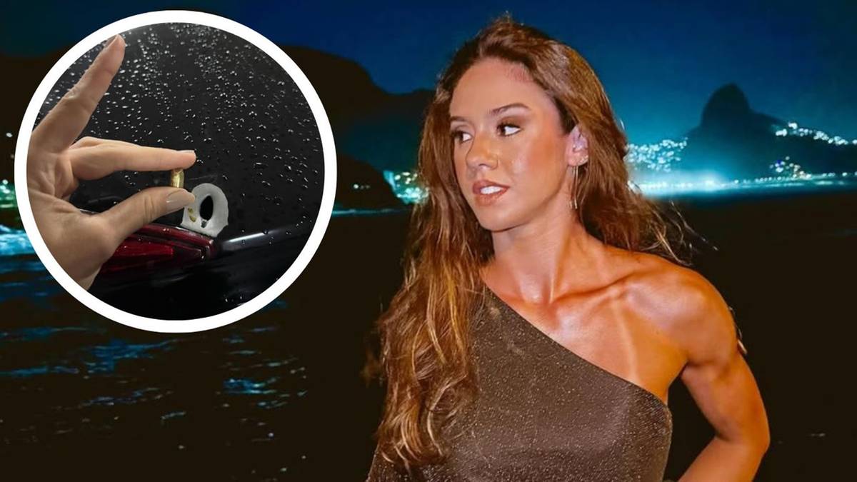 Siatkarka Julia Azevedo obok powiększonego zdjęcia pocisku lub łuski po postrzale.