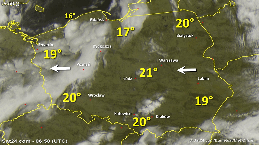 Zdjęcie satelitarne Polski w dniu 16 czerwca 2018 o godzinie 7:50. Dane: Sat24.com / Eumetsat.