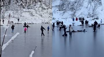 Ludzie spacerują i ślizgają się po cienkiej warstwie lodu na zamarzniętych tatrzańskich jeziorach, w tym na Morskim Oku.
