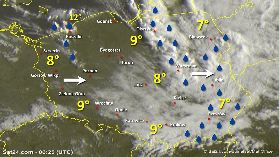 Zdjęcie satelitarne Polski w dniu 18 września 2019 o godzinie 8:30. Dane: Sat24.com / Eumetsat.