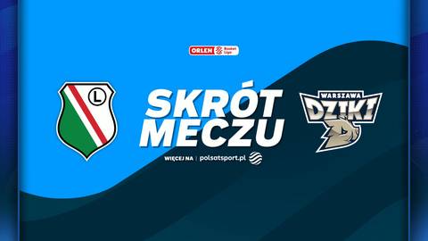 Herb Legii Warszawa i logo Dziki Warszawa obok napisu "SKRÓT MECZU".
