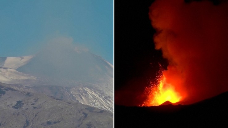 Włochy. Przebudził się wulkan Etna. Widać fontanny lawy i kłęby dymu