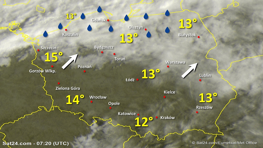 Zdjęcie satelitarne Polski w dniu 12 października 2019 o godzinie 9:20. Dane: Sat24.com / Eumetsat.